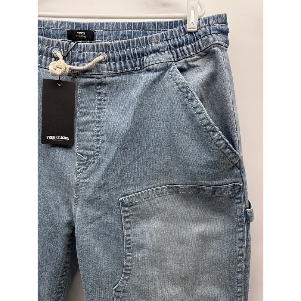 True Religion Vinny Ultra Baggy Carpenter Pants Mens 38 Light Blue Suede Wash